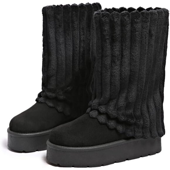 ✨Women's Black Platform Fur Boots Fuzzy Fleece Lined Ankle Anti-Slip Booties - Picture 2 of 6